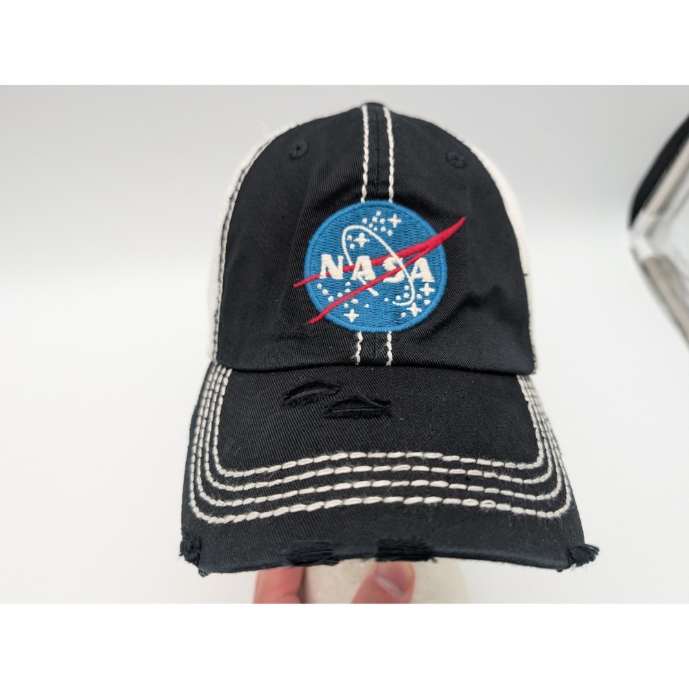 KBETHOS Vintage NASA Trucker Hat Black White Distressed Snapback Mesh Cap